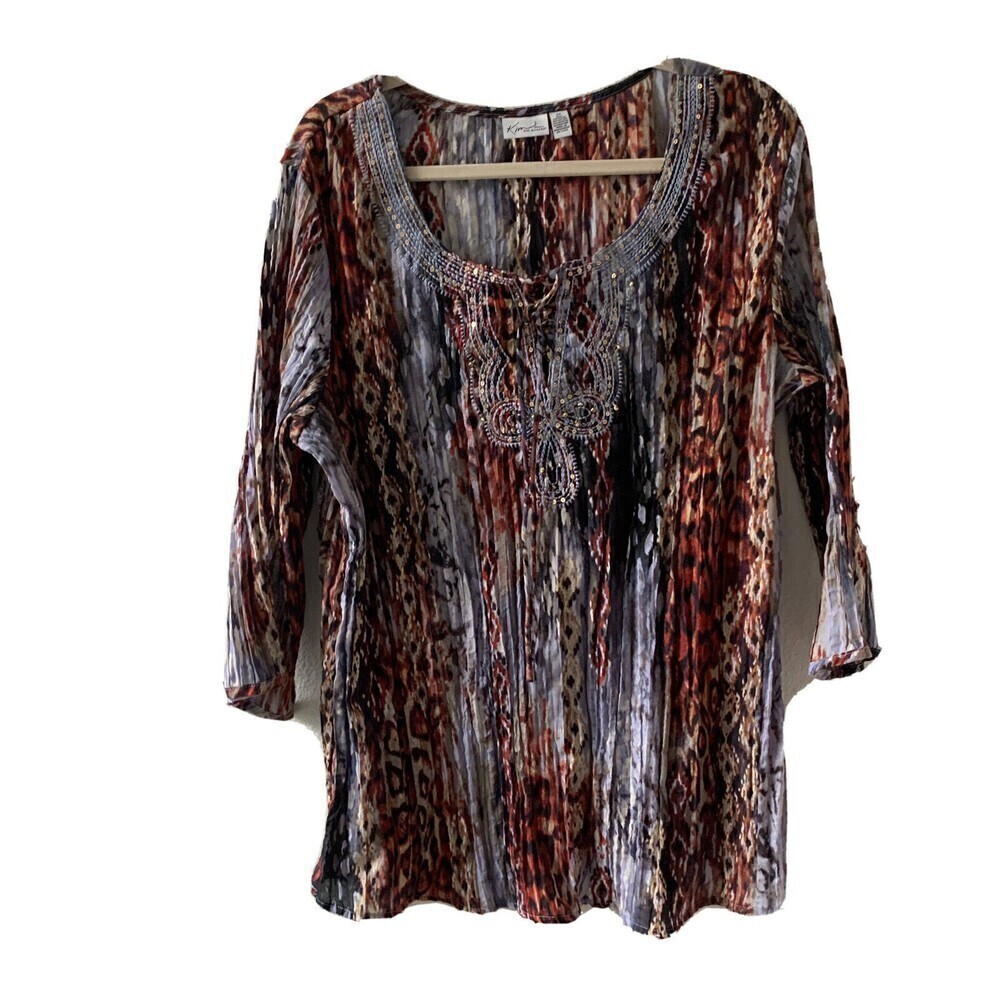 Kim Rogers Womens Size 2X Multicolor Bohemian Print Gauze Stretch Blouse Top